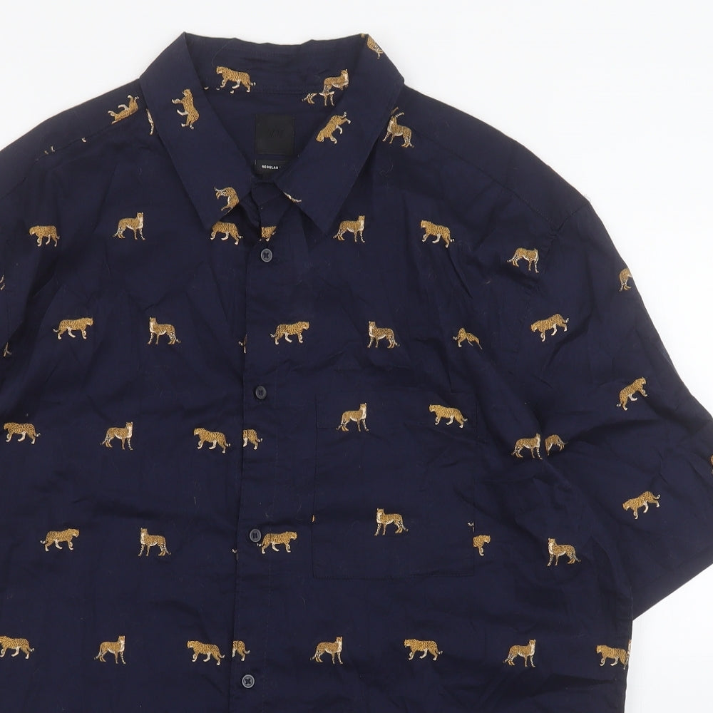 H&M Mens Blue  Cotton  Button-Up Size L Collared Button - Leopard