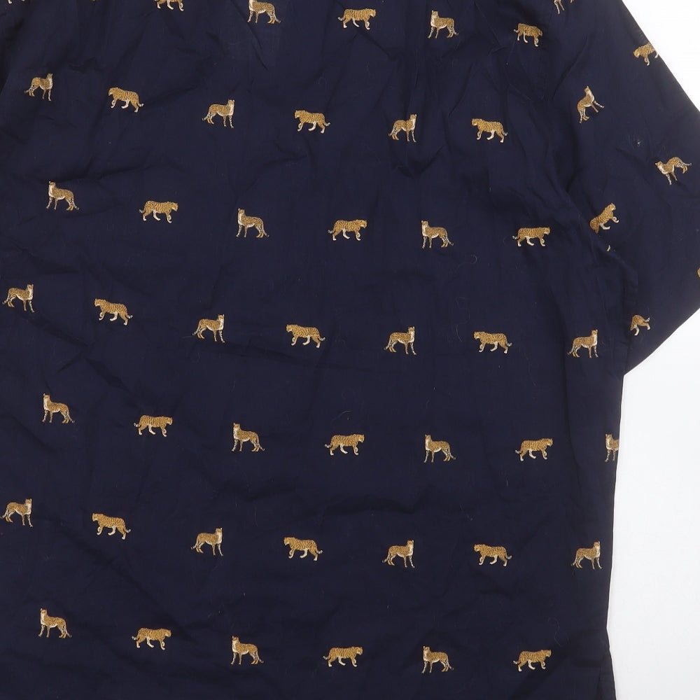 H&M Mens Blue  Cotton  Button-Up Size L Collared Button - Leopard