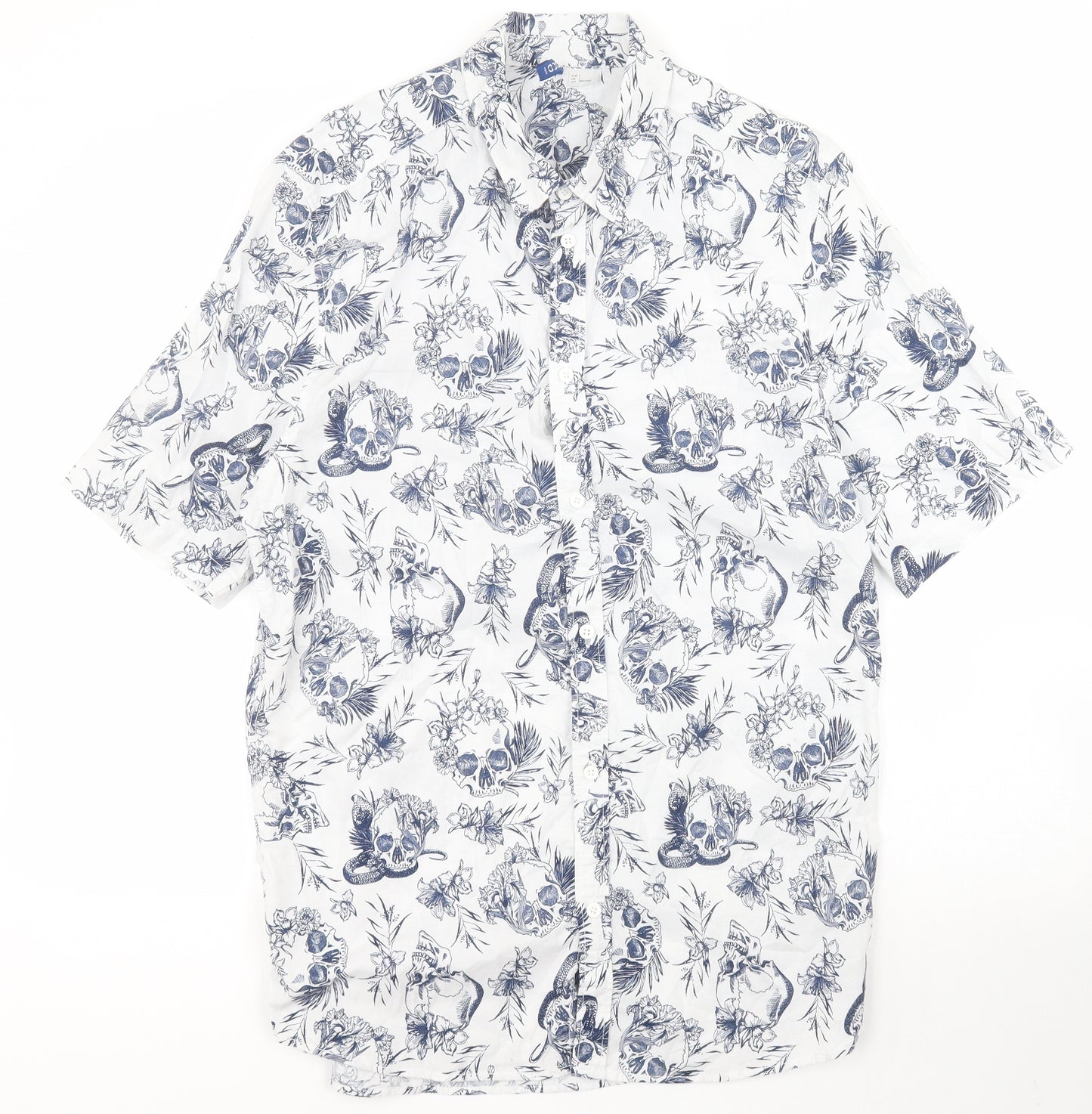 H&M Mens White Floral Cotton  Button-Up Size L Collared Button - Skull