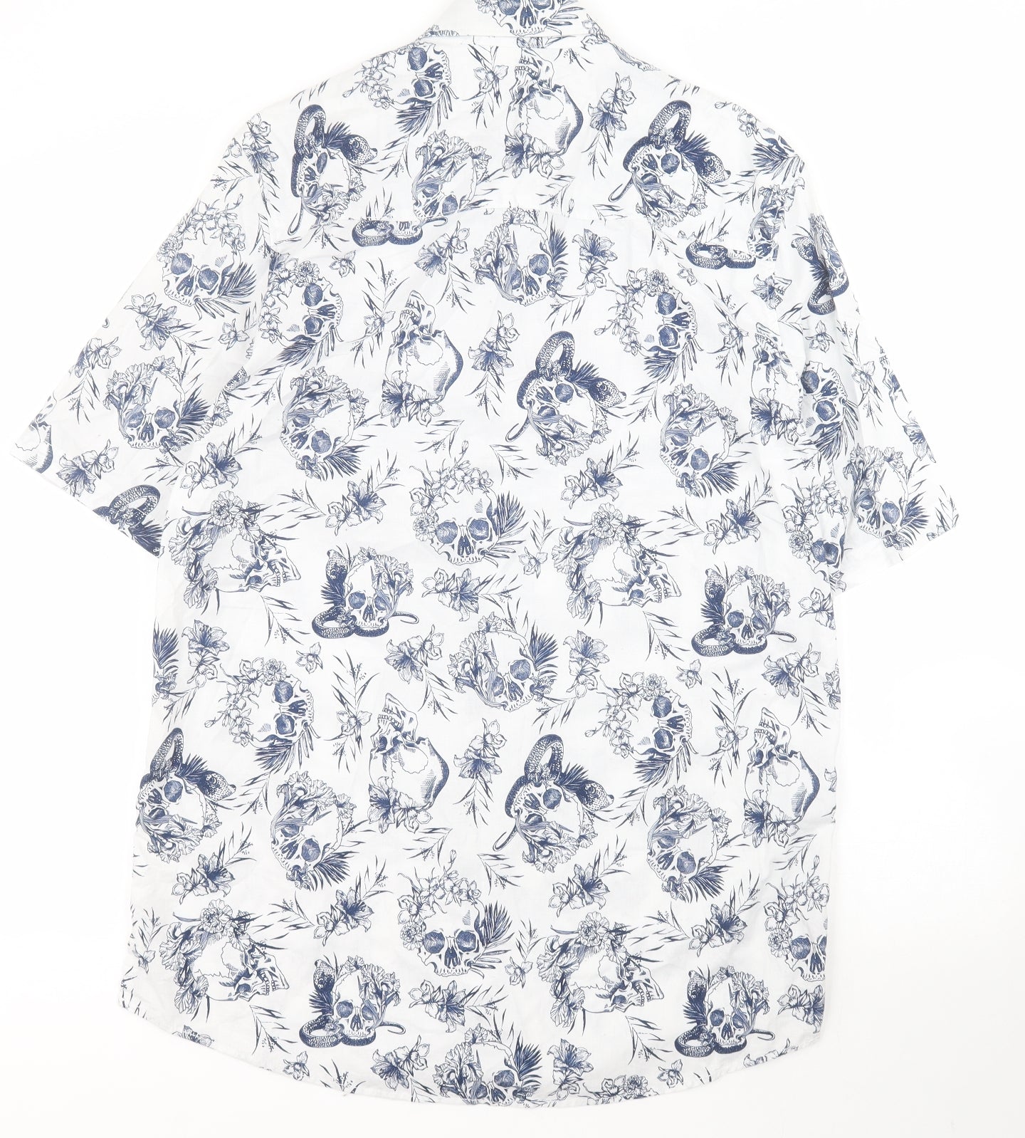 H&M Mens White Floral Cotton  Button-Up Size L Collared Button - Skull