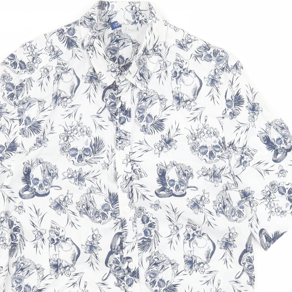 H&M Mens White Floral Cotton  Button-Up Size L Collared Button - Skull