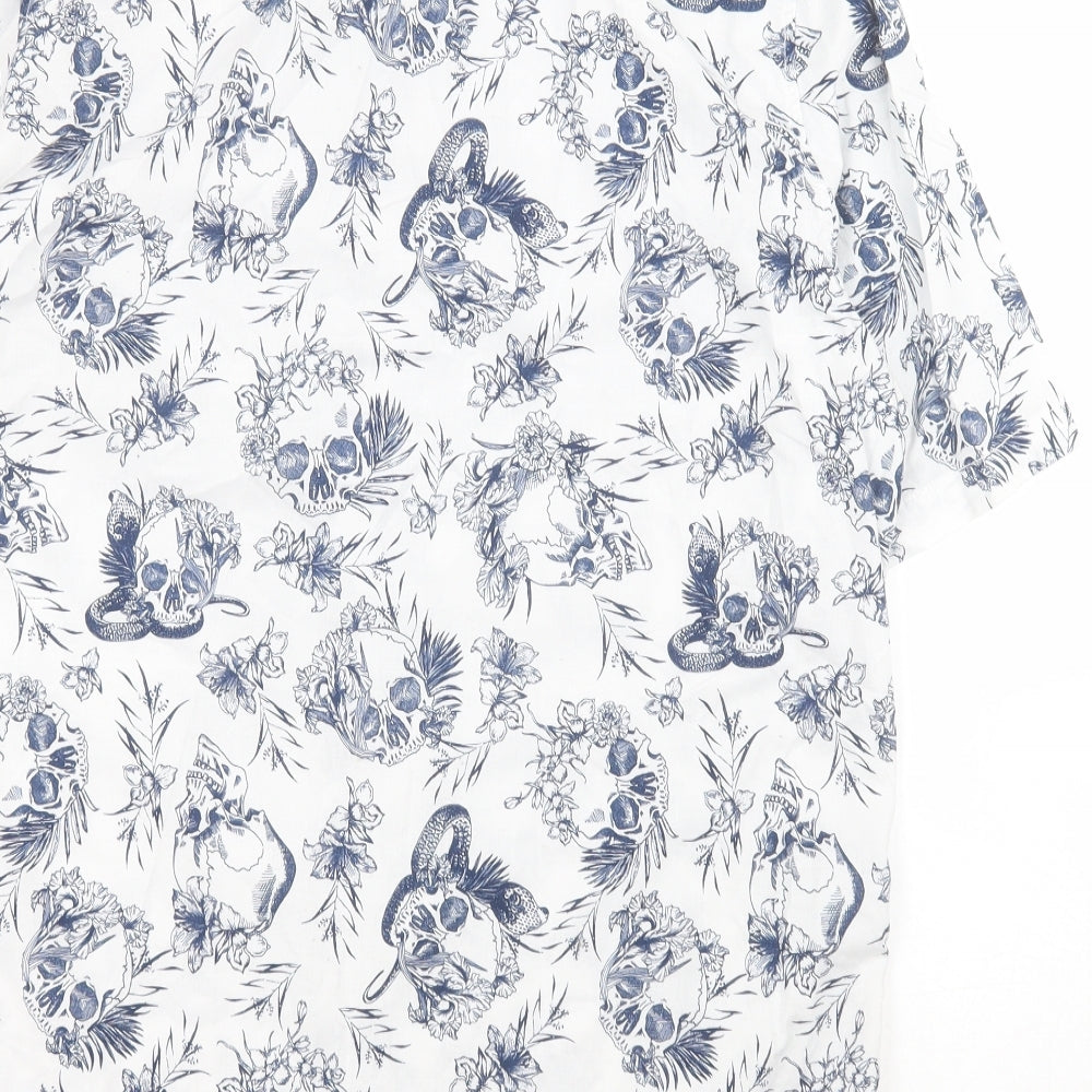 H&M Mens White Floral Cotton  Button-Up Size L Collared Button - Skull