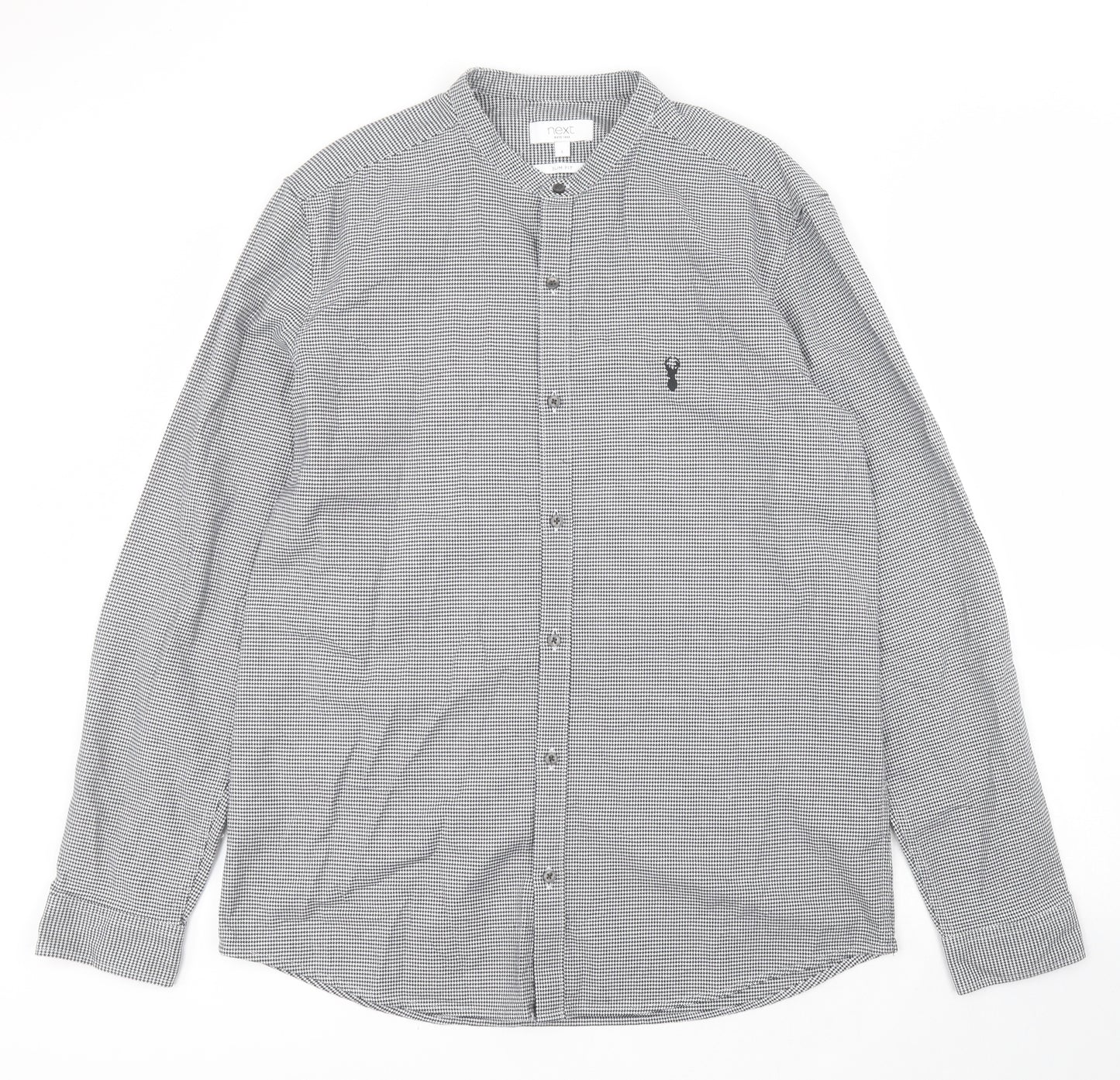 NEXT Mens Black Houndstooth Cotton  Button-Up Size L Round Neck Button