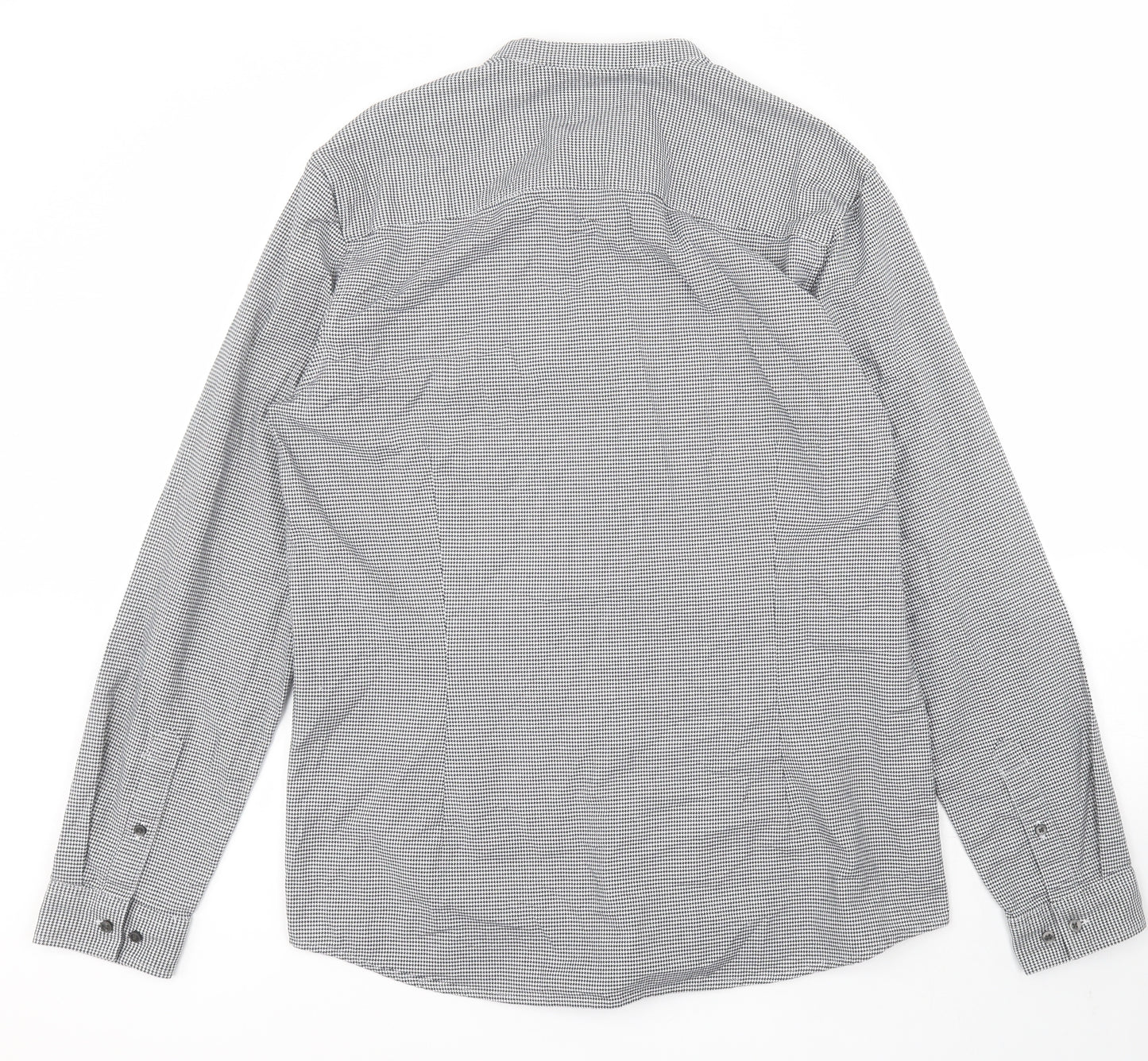 NEXT Mens Black Houndstooth Cotton  Button-Up Size L Round Neck Button