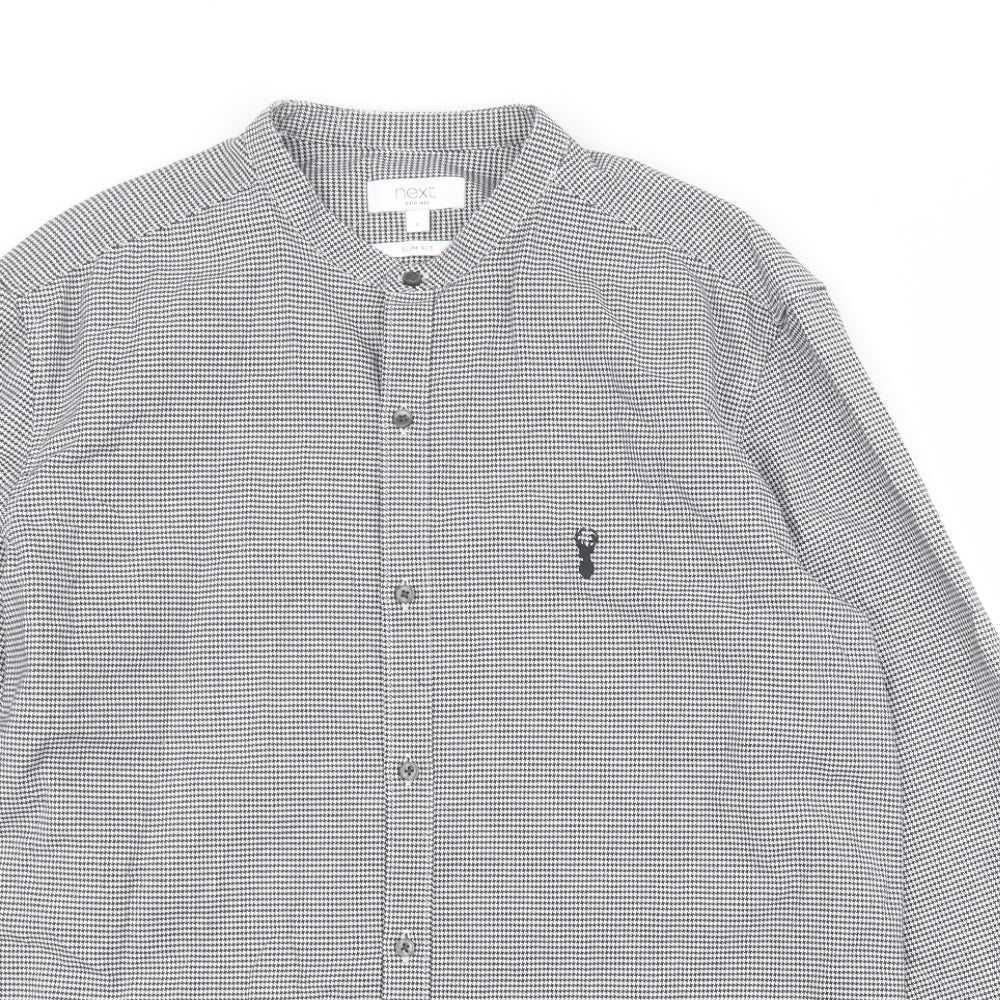 NEXT Mens Black Houndstooth Cotton  Button-Up Size L Round Neck Button