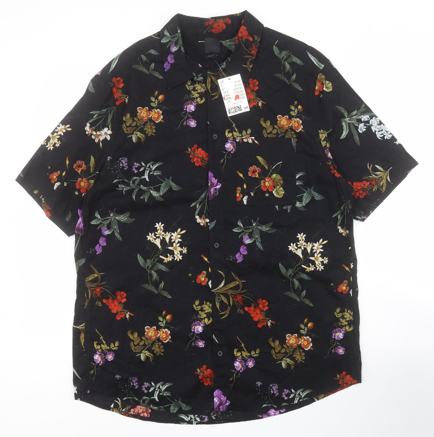 H&M Mens Black Floral Cotton  Button-Up Size L Collared Button