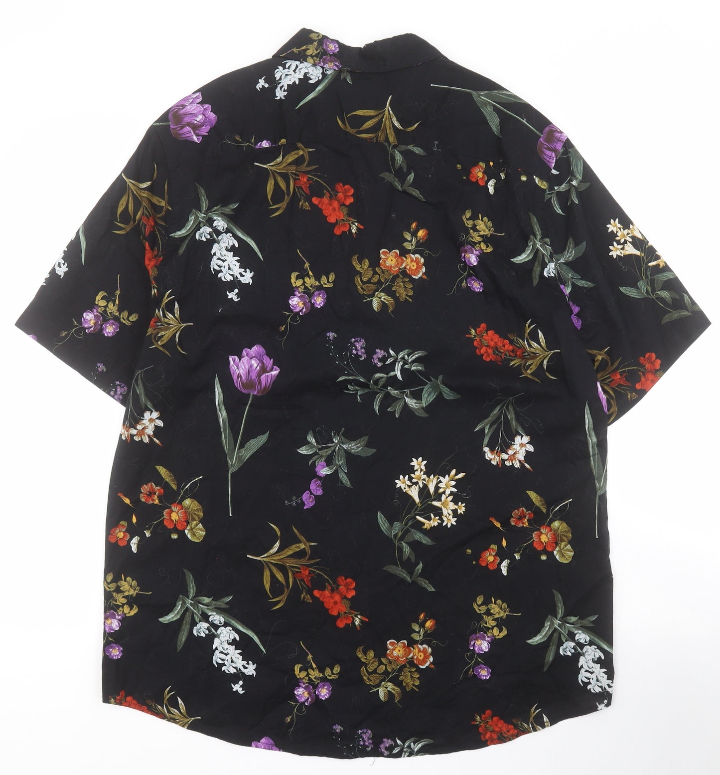 H&M Mens Black Floral Cotton  Button-Up Size L Collared Button