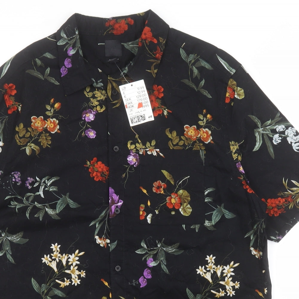 H&M Mens Black Floral Cotton  Button-Up Size L Collared Button