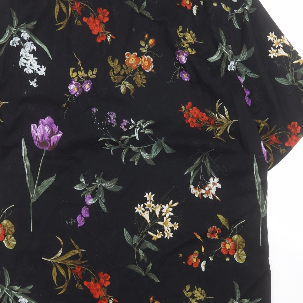 H&M Mens Black Floral Cotton  Button-Up Size L Collared Button