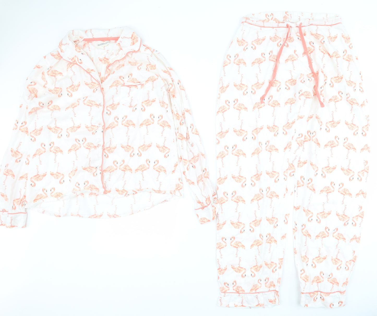 Dickens & Jones Womens White  100% Cotton Top Pyjama Set Size M  Button - Flamingo