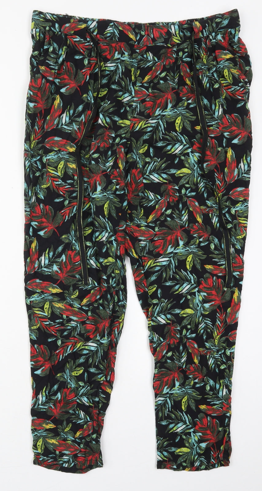TU Womens Green Floral Viscose Trousers  Size 16 L27 in Regular Drawstring - Leaf Prints