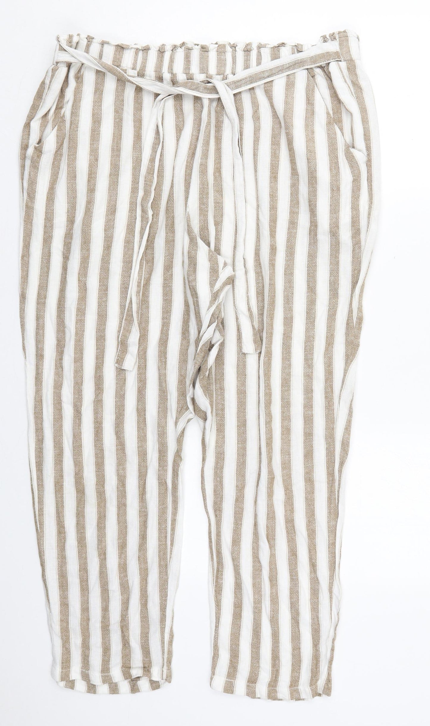 Primark Womens Beige Striped Linen Trousers  Size 18 L25 in Regular