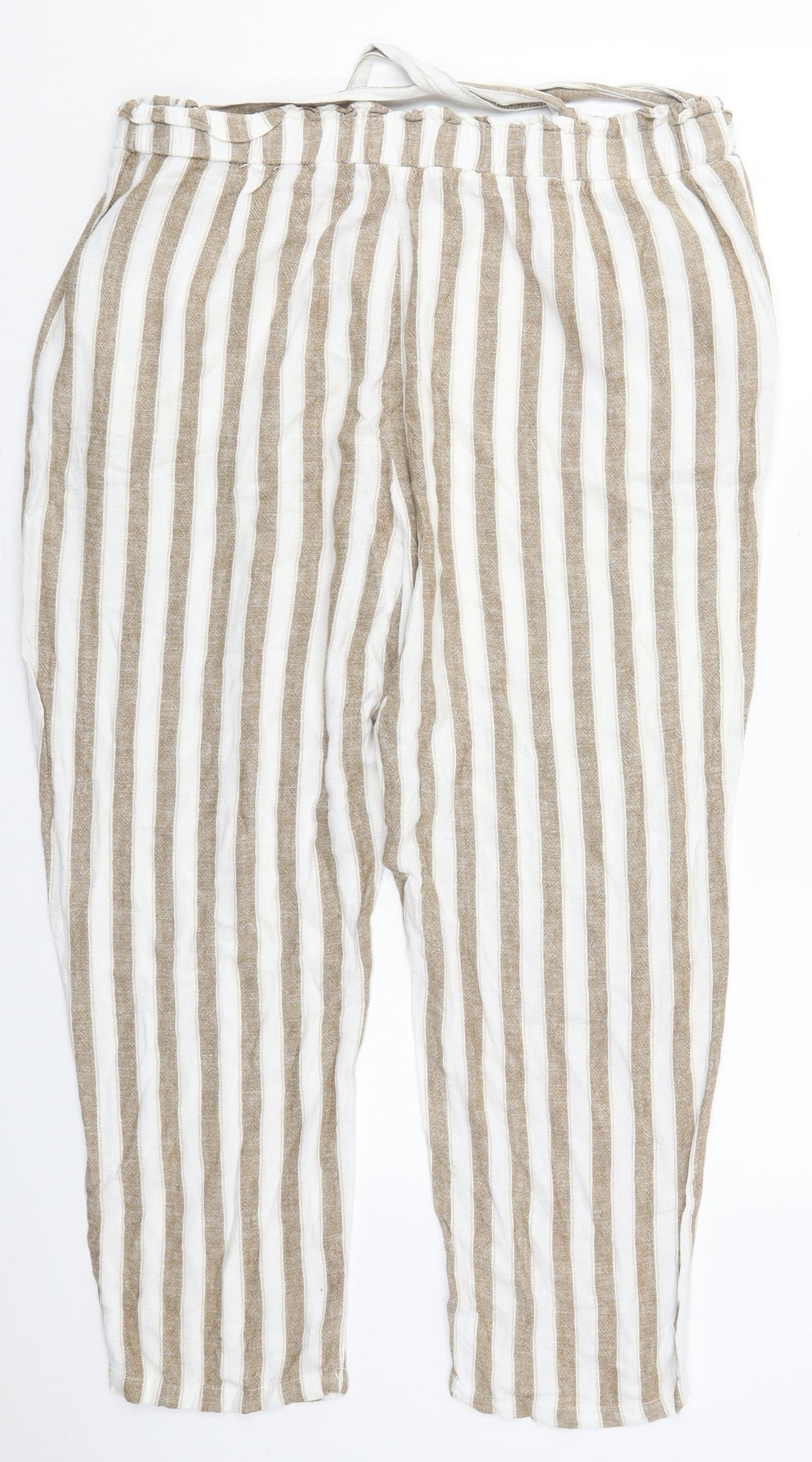 Primark Womens Beige Striped Linen Trousers  Size 18 L25 in Regular