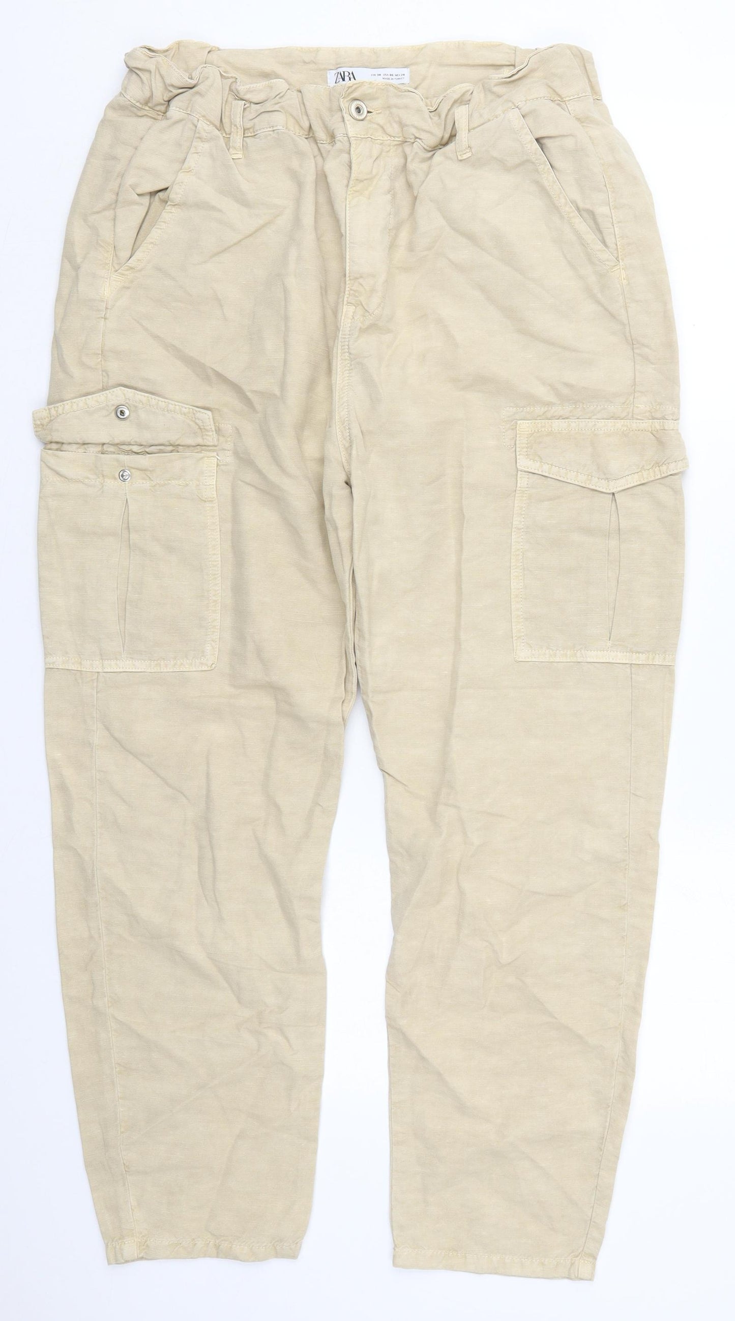 Zara Womens Beige  Cotton Cargo Trousers Size 12 L25 in Regular Button