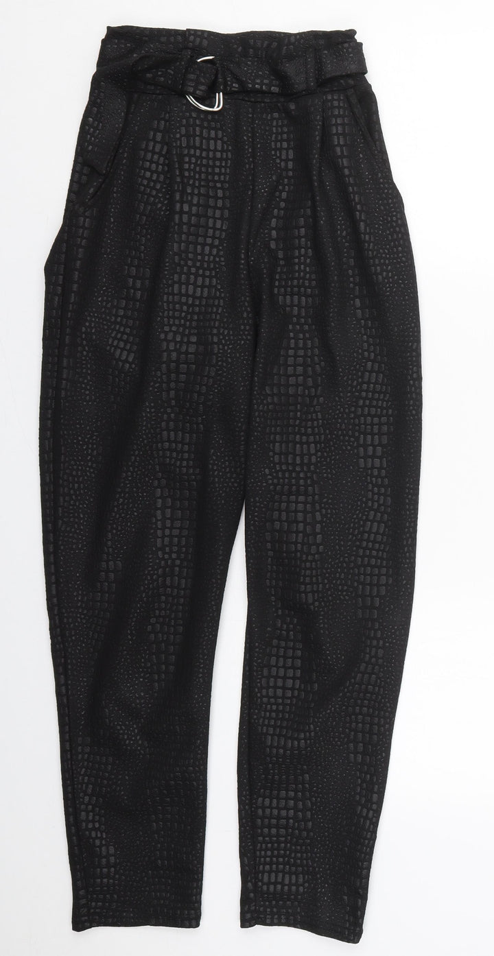 PRETTYLITTLETHING Womens Black Animal Print Polyester Trousers  Size 6 L26 in Regular