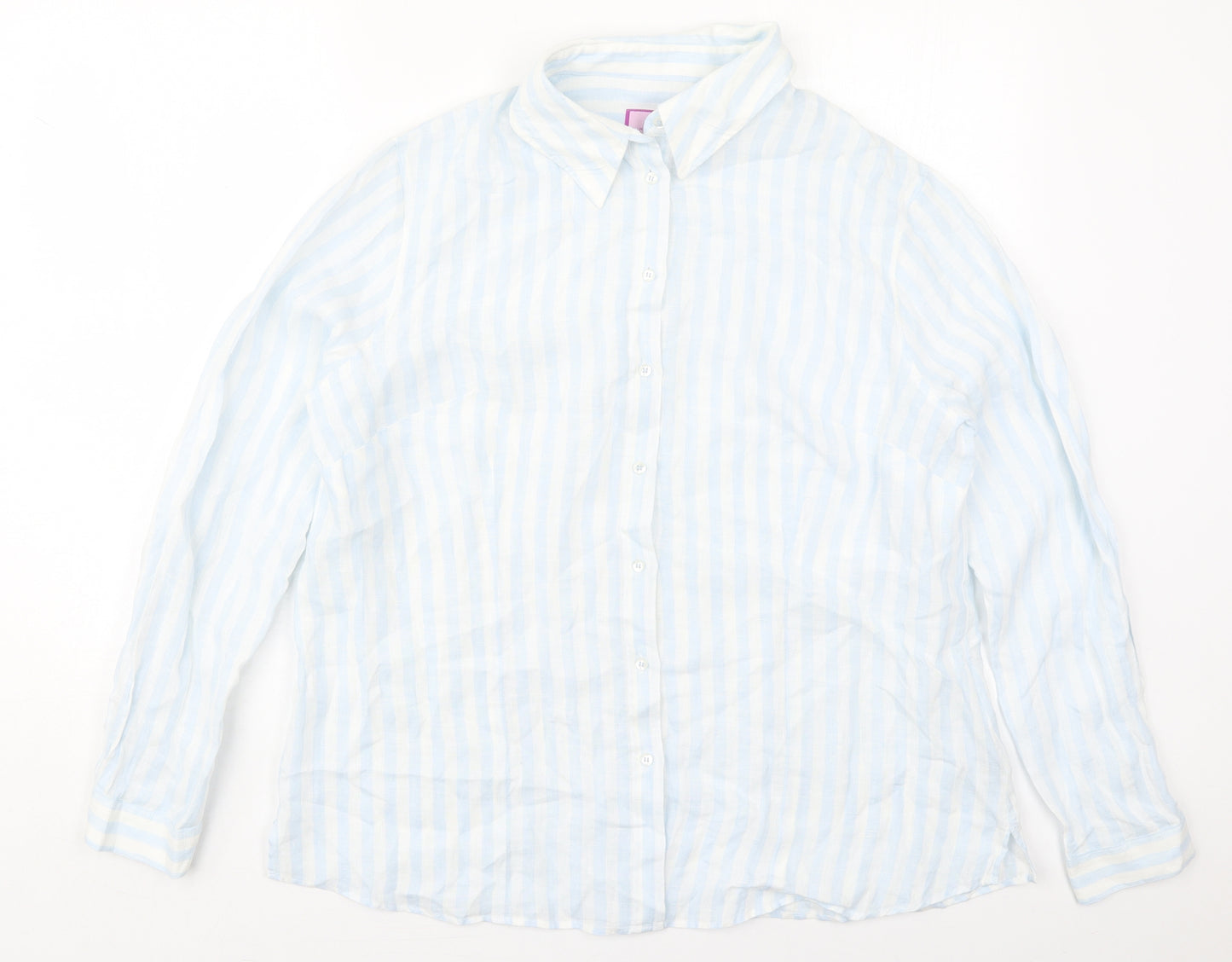 Hawes & Curtis Womens Blue Striped Linen Basic Button-Up Size 16 Collared