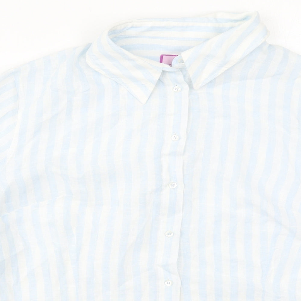 Hawes & Curtis Womens Blue Striped Linen Basic Button-Up Size 16 Collared