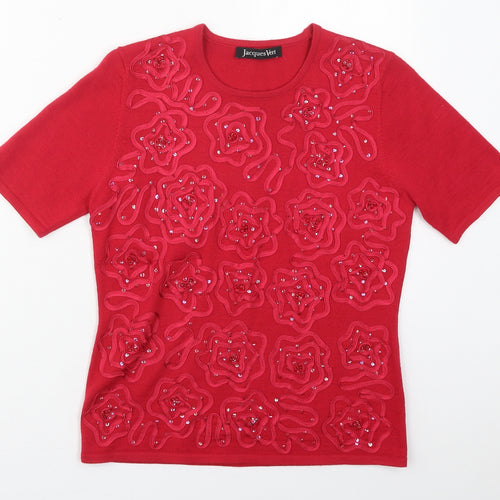 Jacques Vert Womens Red Floral Acrylic Basic T-Shirt Size S Round Neck