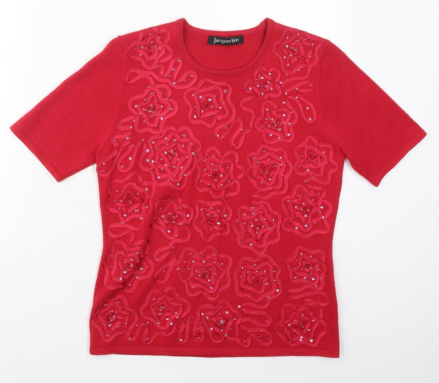 Jacques Vert Womens Red Floral Acrylic Basic T-Shirt Size S Round Neck