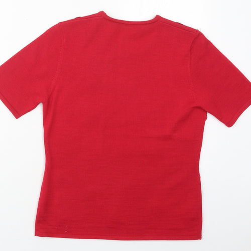 Jacques Vert Womens Red Floral Acrylic Basic T-Shirt Size S Round Neck