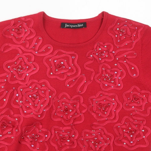 Jacques Vert Womens Red Floral Acrylic Basic T-Shirt Size S Round Neck