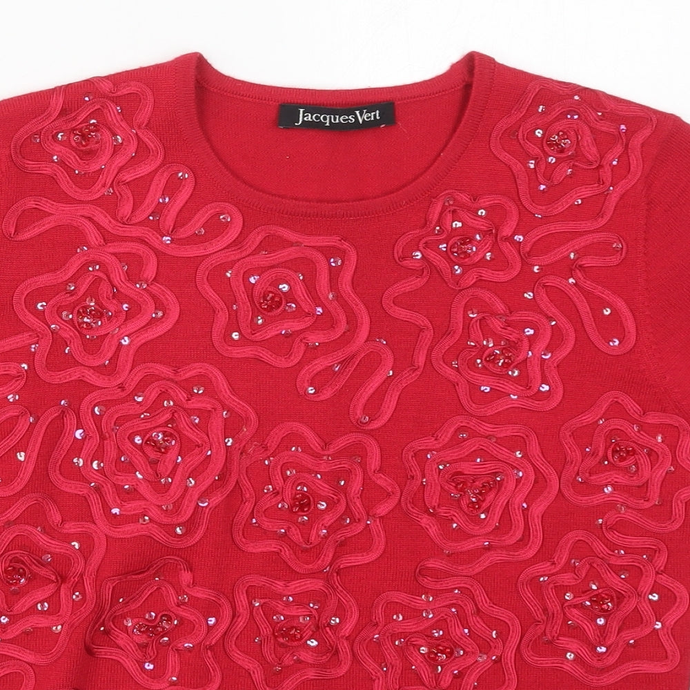 Jacques Vert Womens Red Floral Acrylic Basic T-Shirt Size S Round Neck