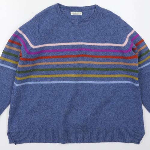 Woolovers Womens Blue Crew Neck Striped Wool Pullover Jumper Size XL