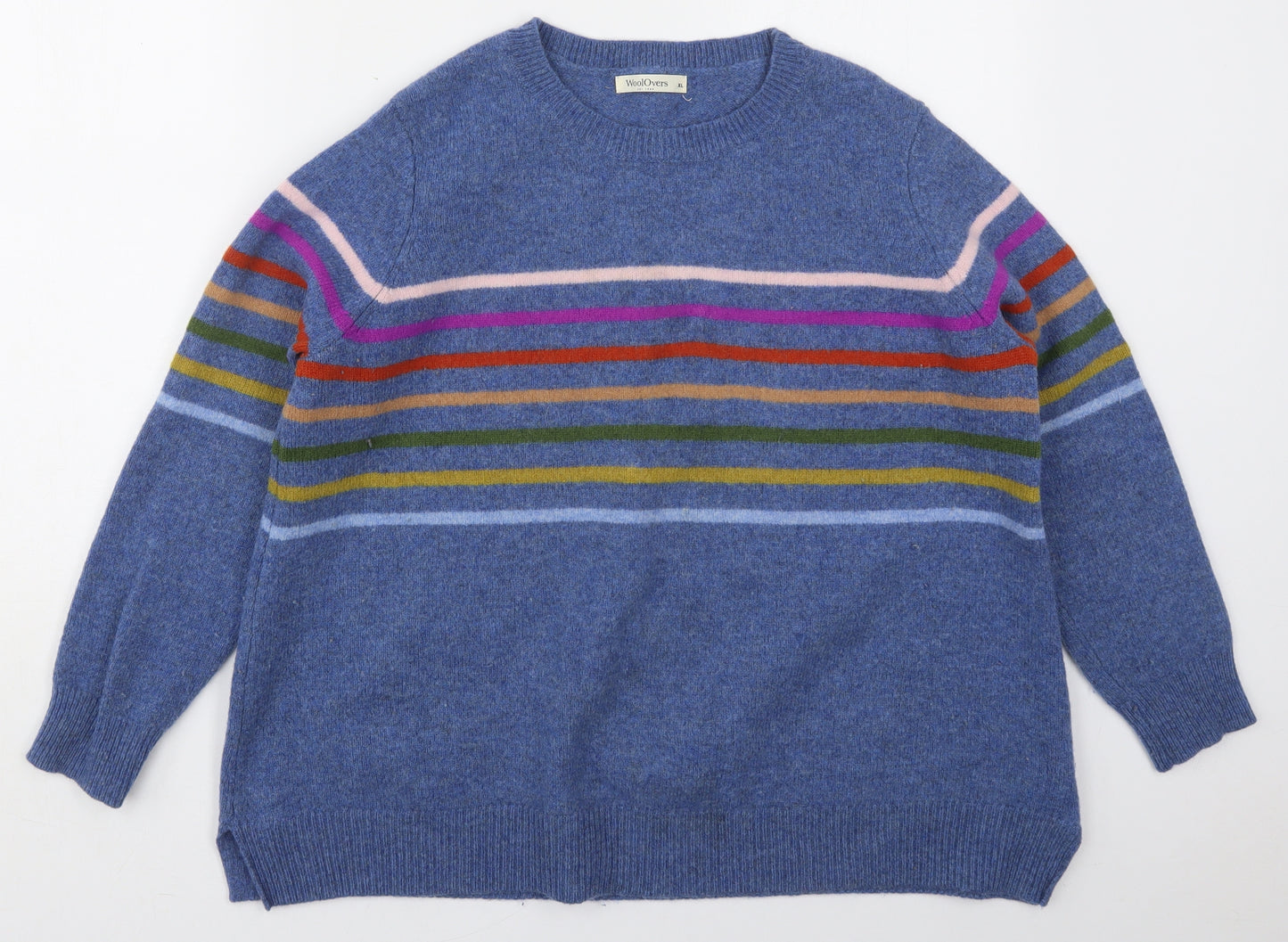 Woolovers Womens Blue Crew Neck Striped Wool Pullover Jumper Size XL
