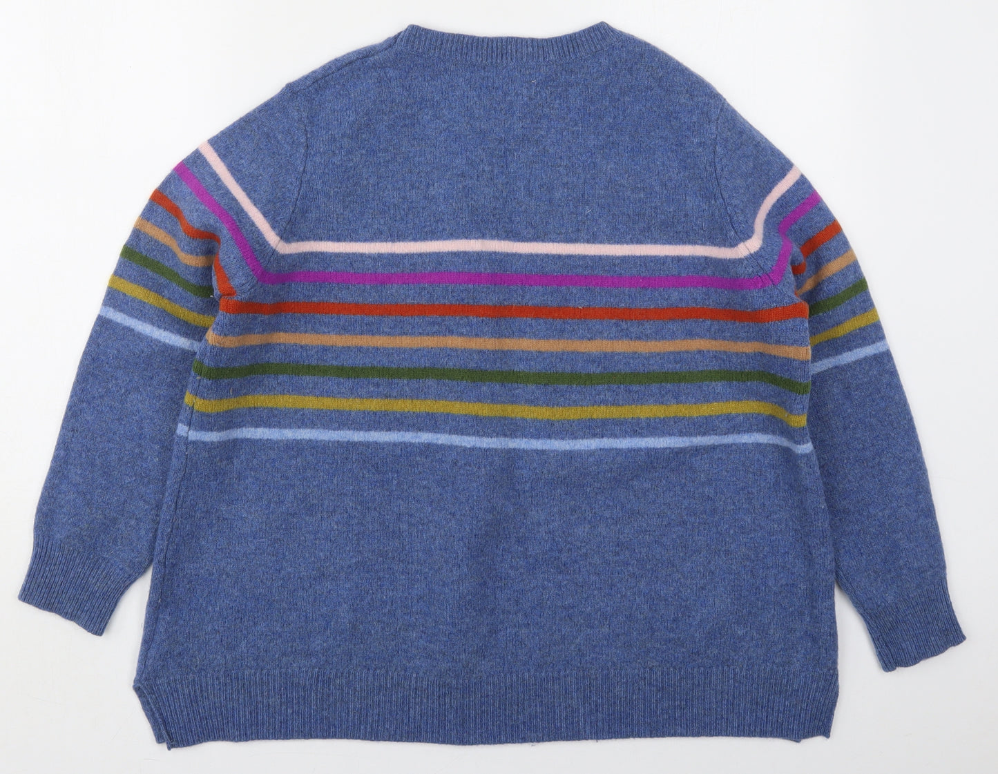 Woolovers Womens Blue Crew Neck Striped Wool Pullover Jumper Size XL