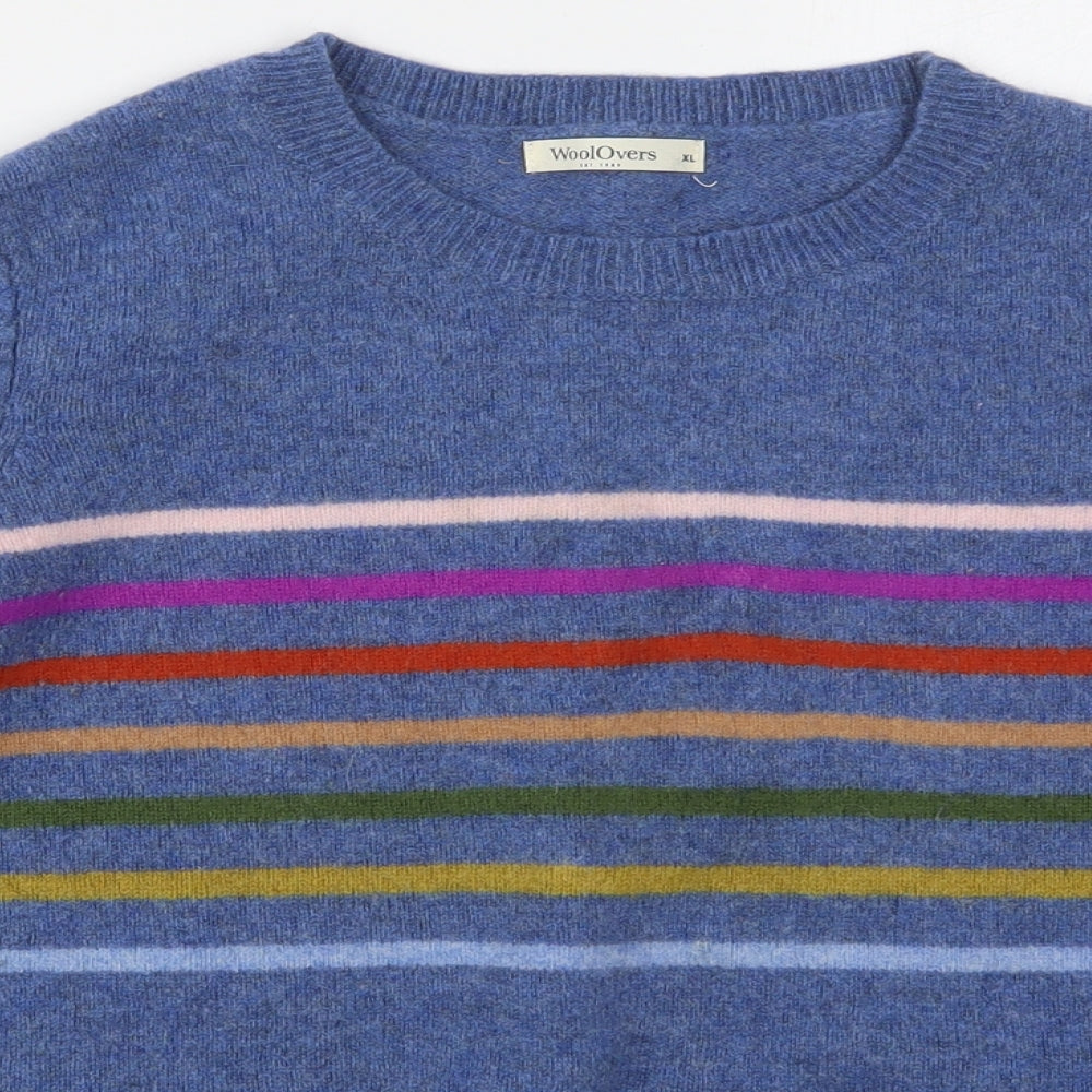 Woolovers Womens Blue Crew Neck Striped Wool Pullover Jumper Size XL