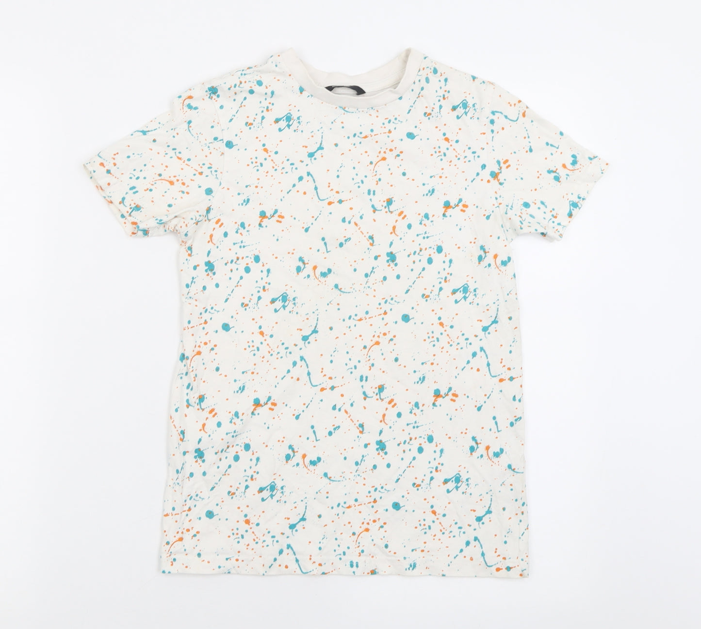 George Boys White Geometric Cotton Basic T-Shirt Size 9-10 Years Crew Neck Pullover