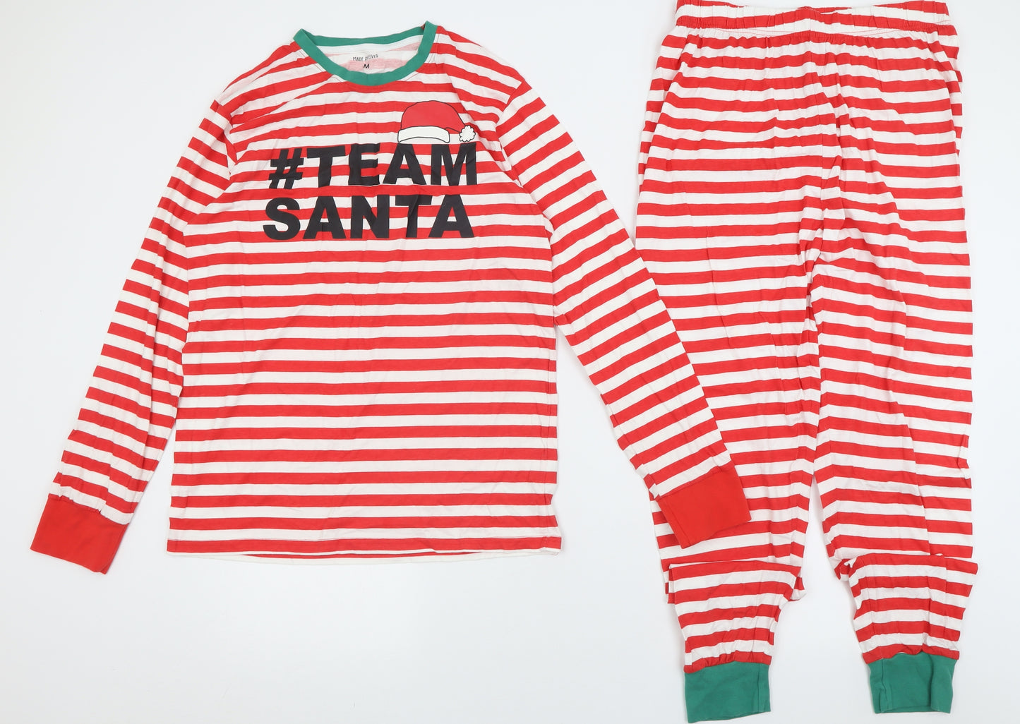 Made By Elves Mens Red Striped Cotton  Pyjama Set Size M  Pullover - Team Santa