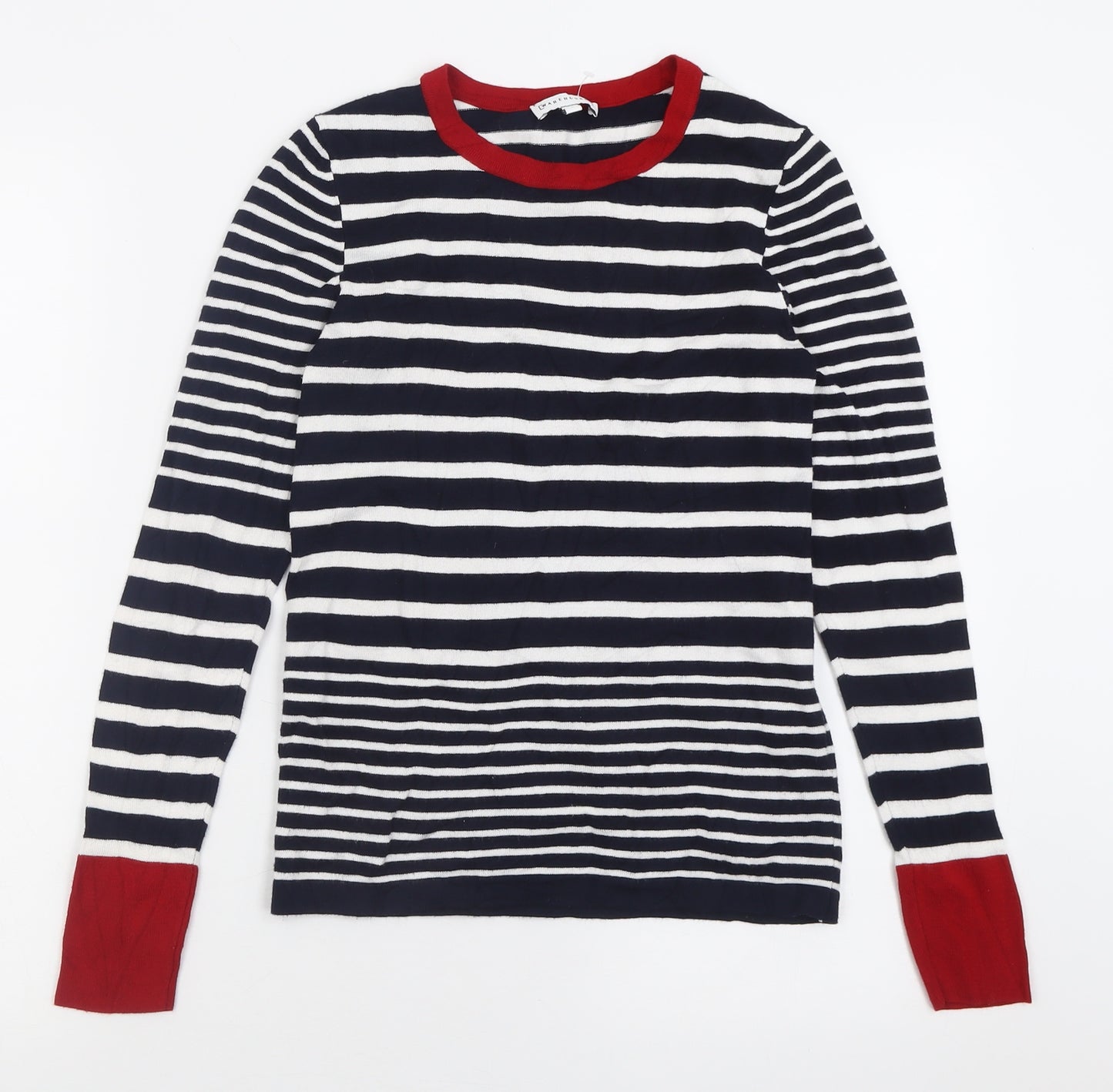 Warehouse Womens Blue Crew Neck Striped Viscose Pullover Jumper Size 8