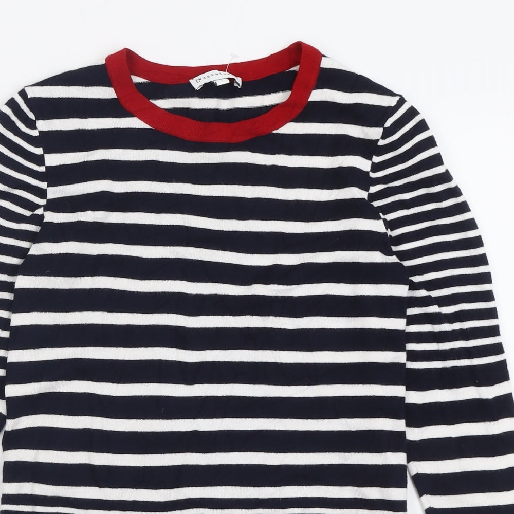 Warehouse Womens Blue Crew Neck Striped Viscose Pullover Jumper Size 8