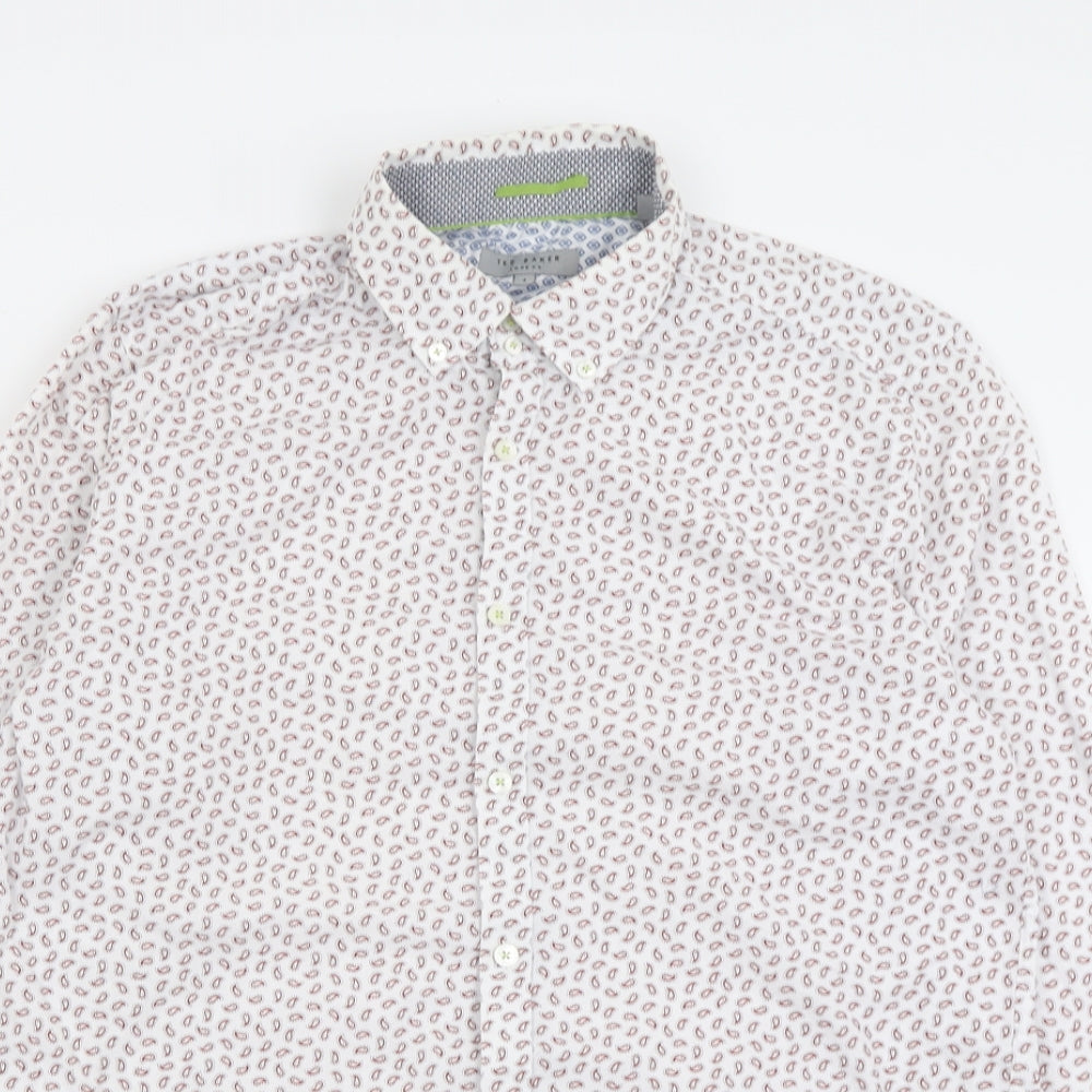Ted Baker Mens White Geometric Cotton  Button-Up Size L Collared Button