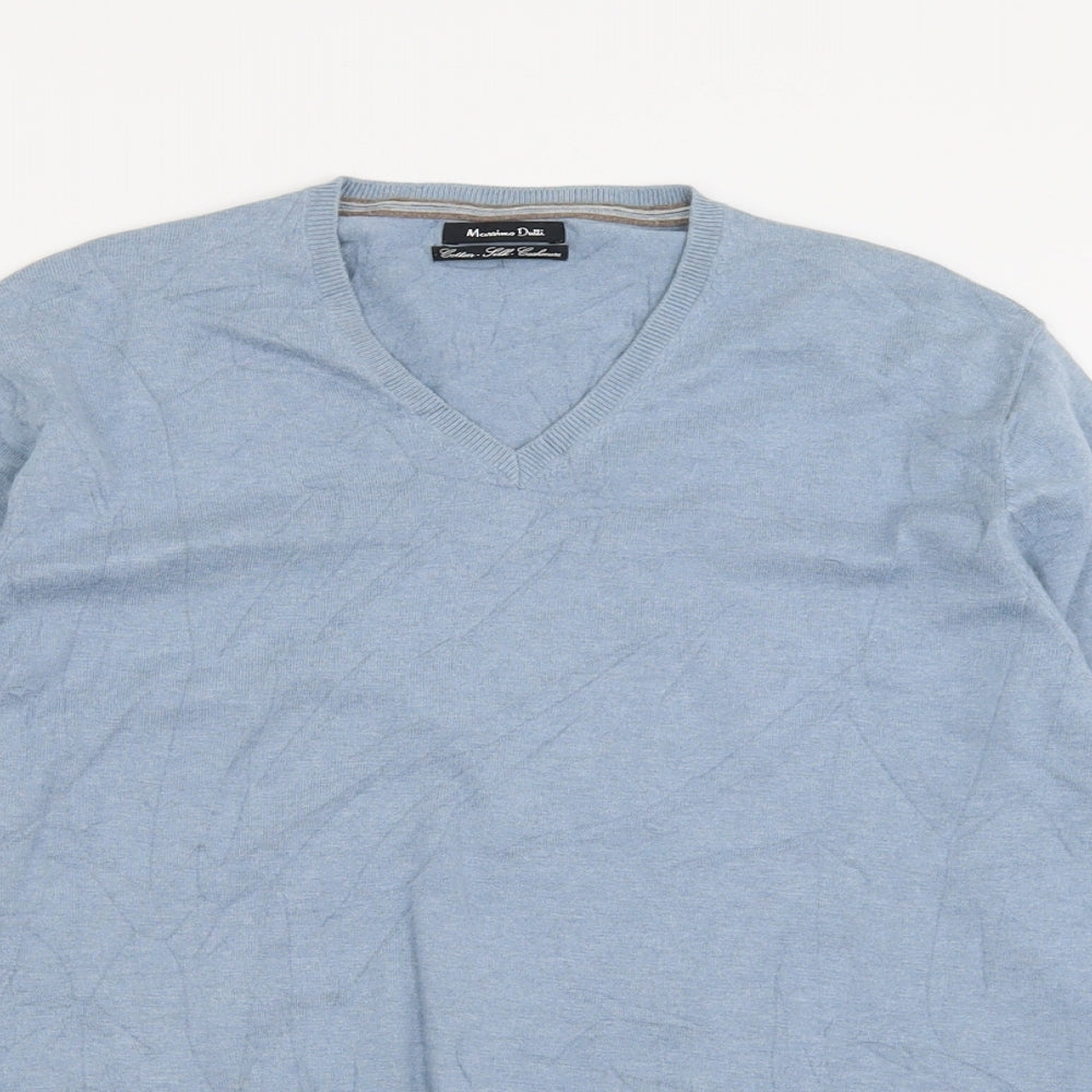 Massimo Dutti Mens Blue V-Neck  Cotton Pullover Jumper Size M