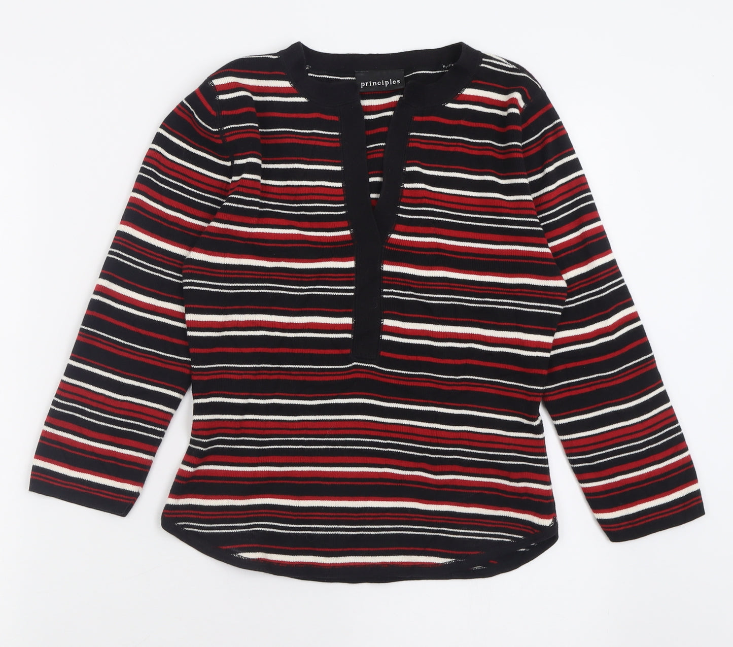 Principles Womens Red V-Neck Striped Cotton Pullover Jumper Size 12