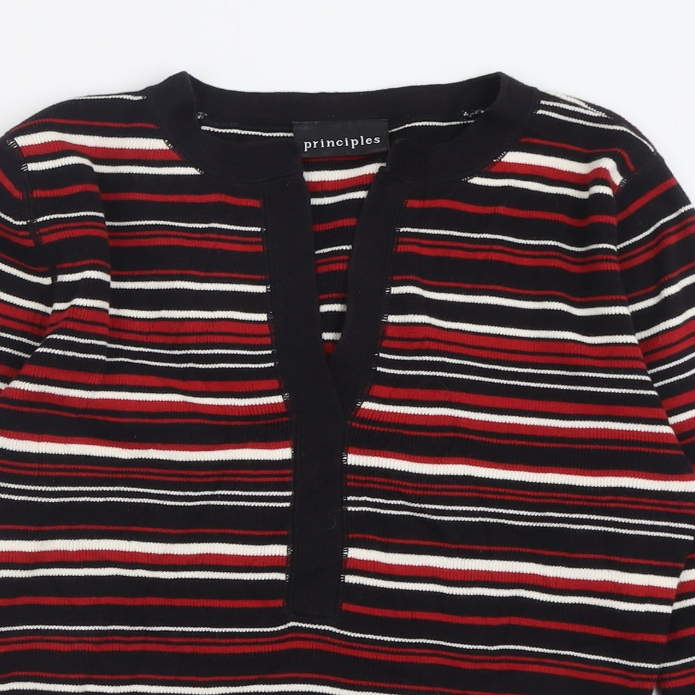 Principles Womens Red V-Neck Striped Cotton Pullover Jumper Size 12