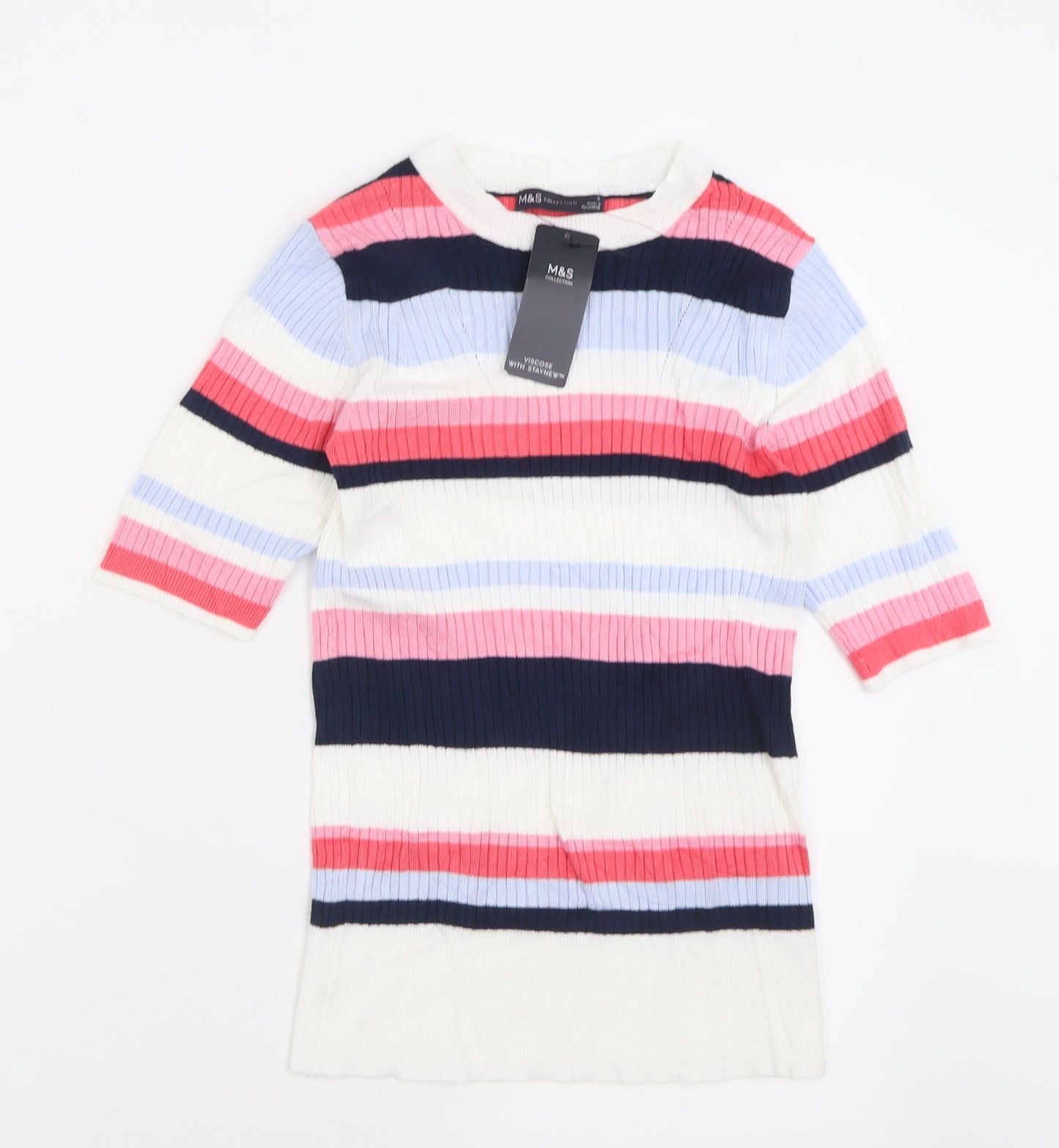 Marks and Spencer Womens Multicoloured Striped Viscose Basic T-Shirt Size 8 Crew Neck