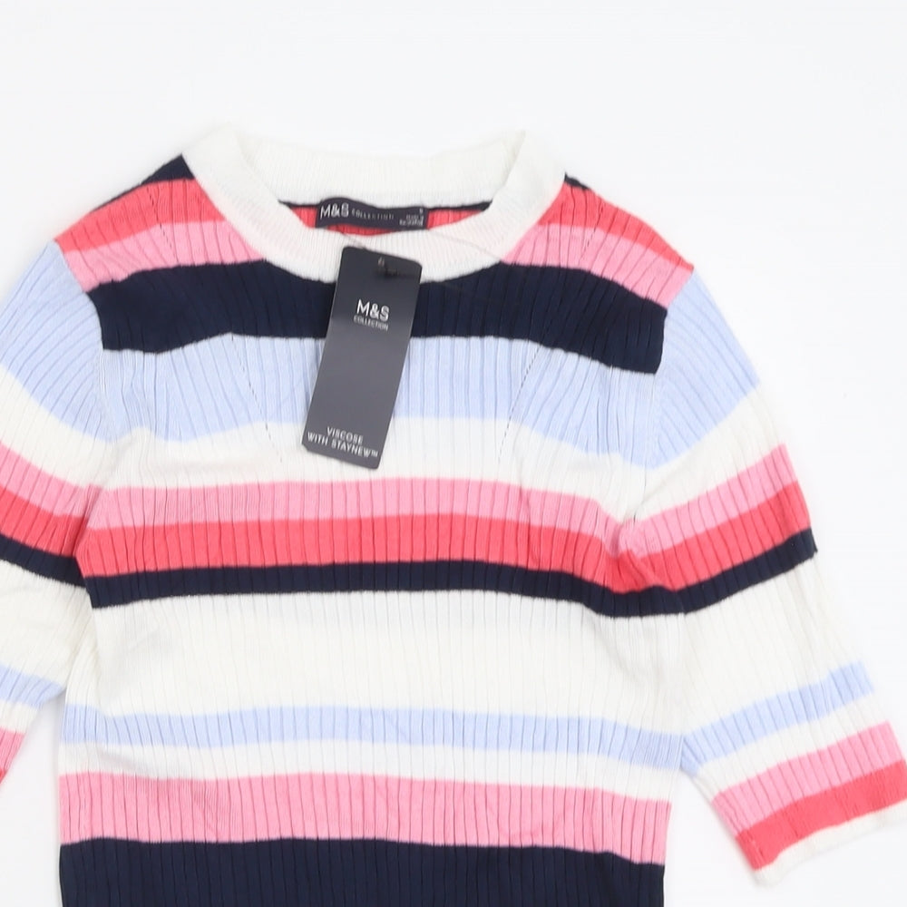 Marks and Spencer Womens Multicoloured Striped Viscose Basic T-Shirt Size 8 Crew Neck