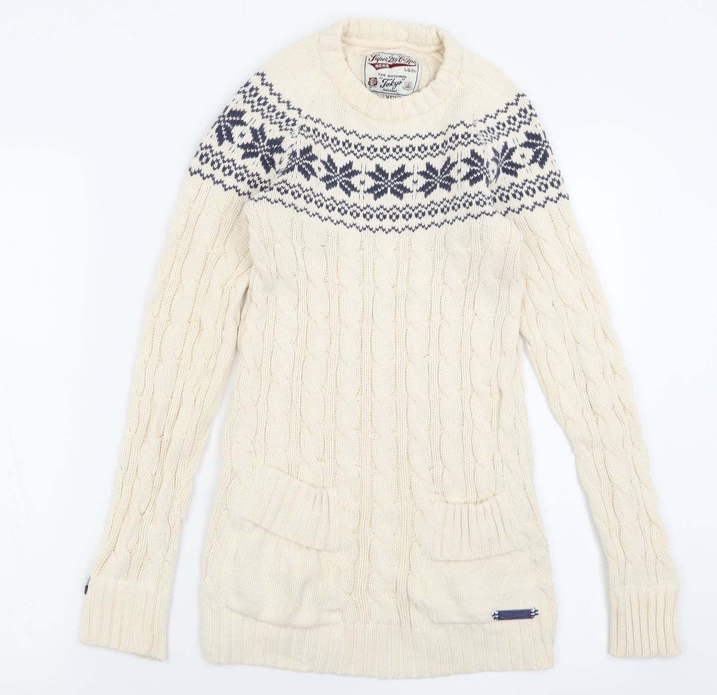 Superdry Womens White Crew Neck Geometric Cotton Pullover Jumper Size XS