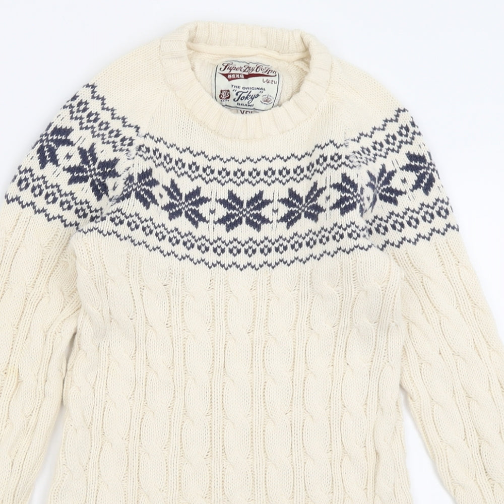 Superdry Womens White Crew Neck Geometric Cotton Pullover Jumper Size XS