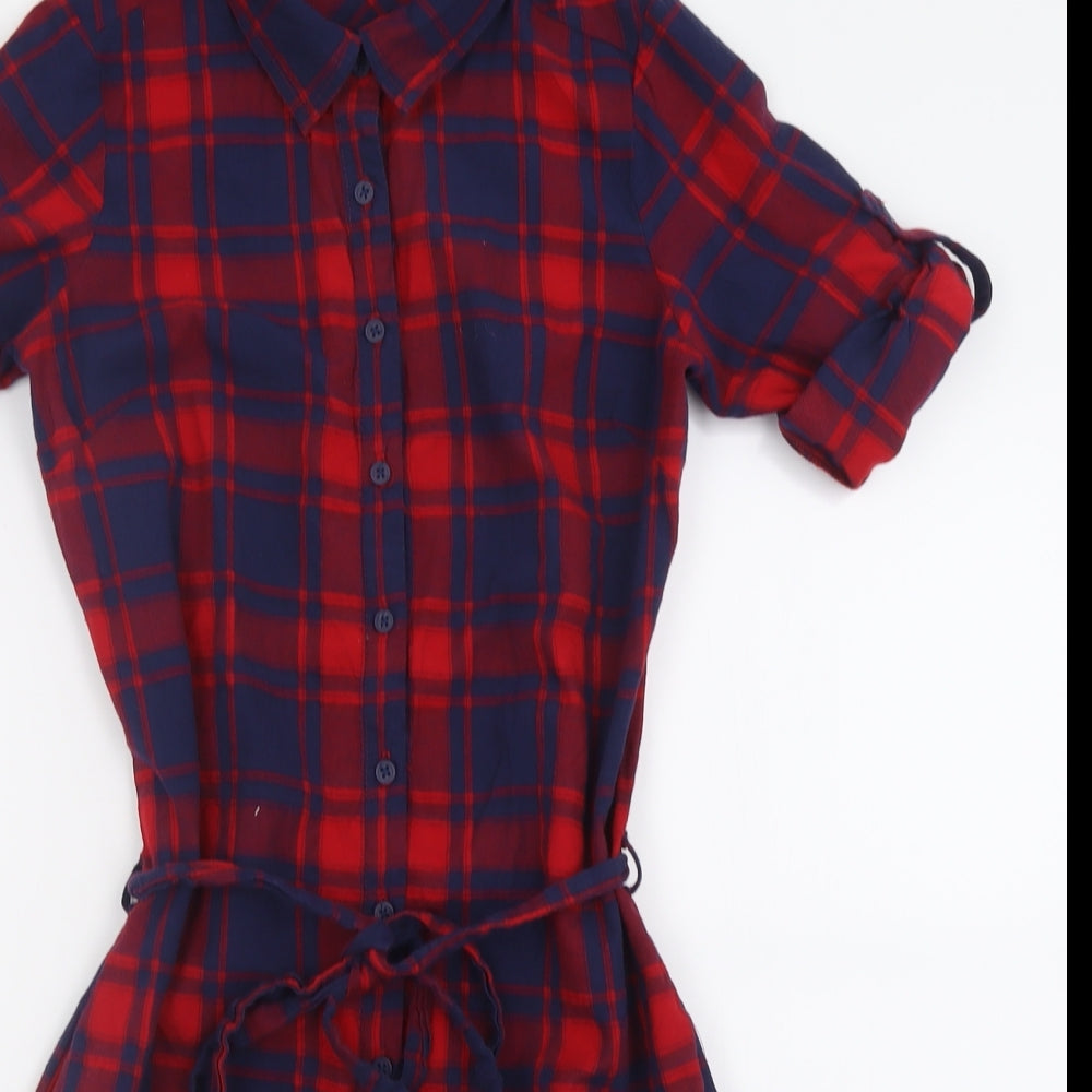 Simply Chic Womens Red Check Polyester Shirt Dress  Size S  Collared Button