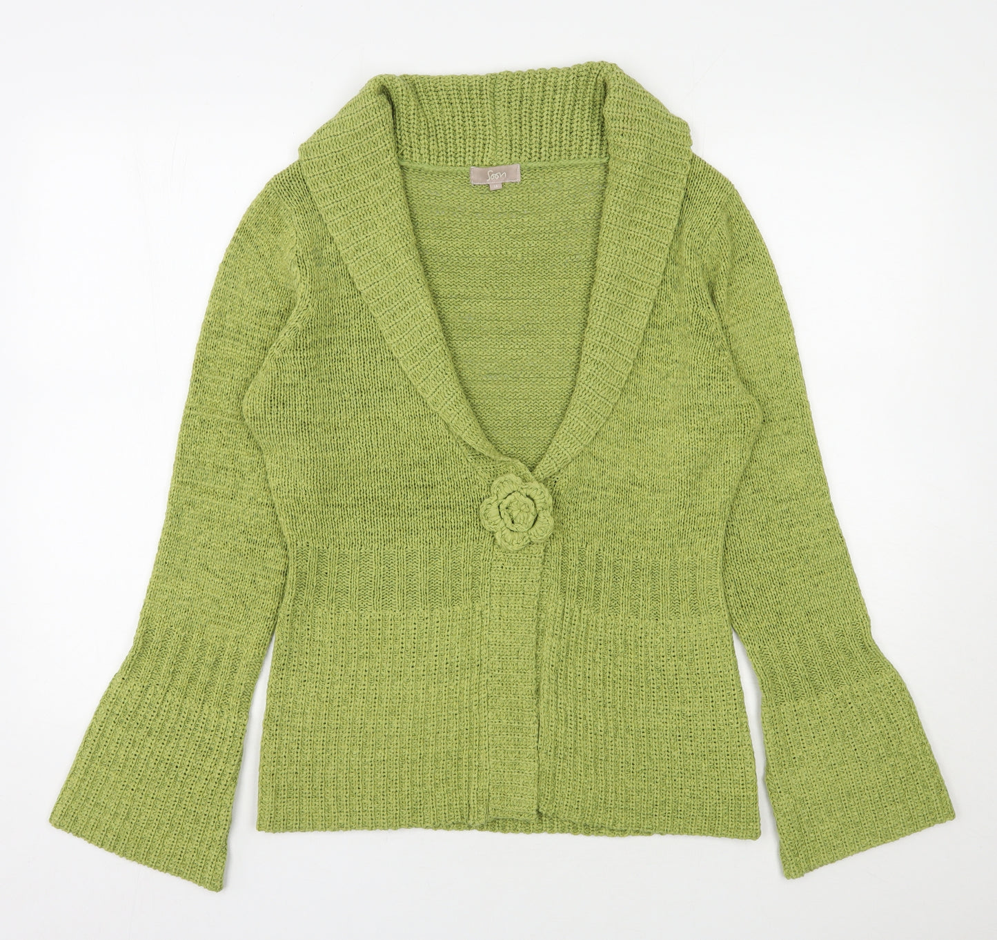 Soon Womens Green V-Neck  Acrylic Cardigan Jumper Size 14