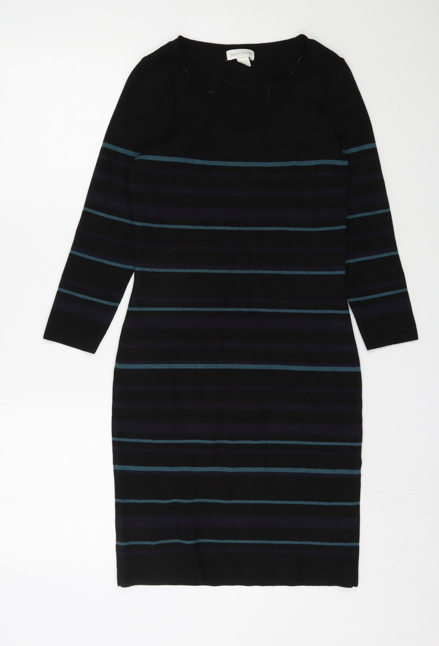 Monsoon Womens Black Striped Polyester Jumper Dress  Size 10  V-Neck Pullover