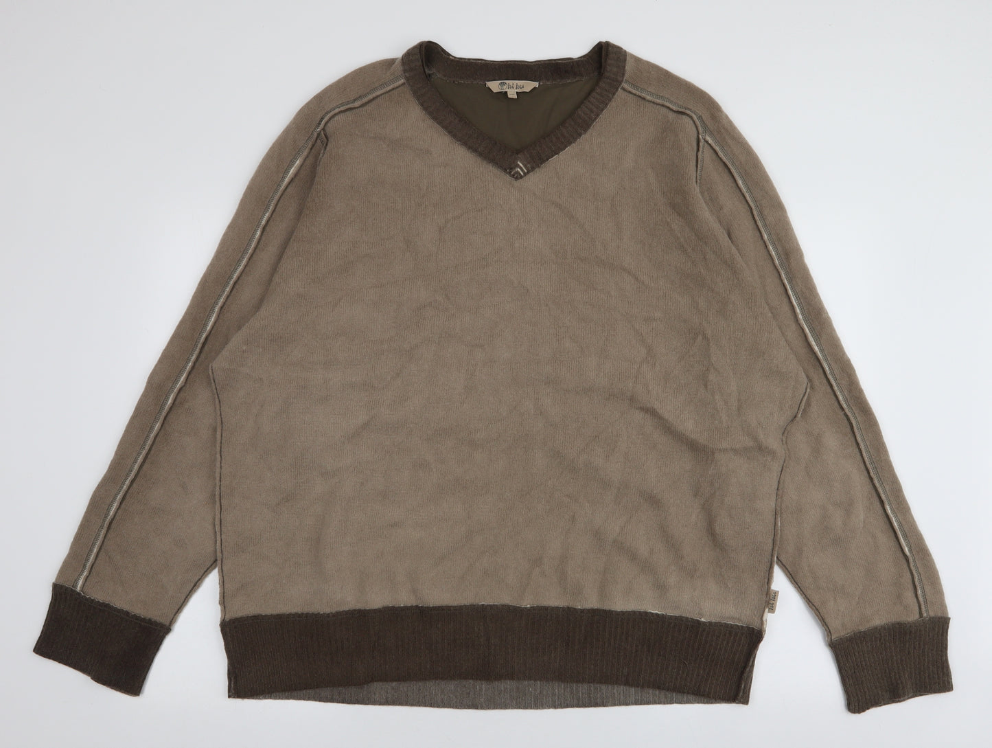 Fat Face Mens Brown V-Neck  Wool Pullover Jumper Size 2XL