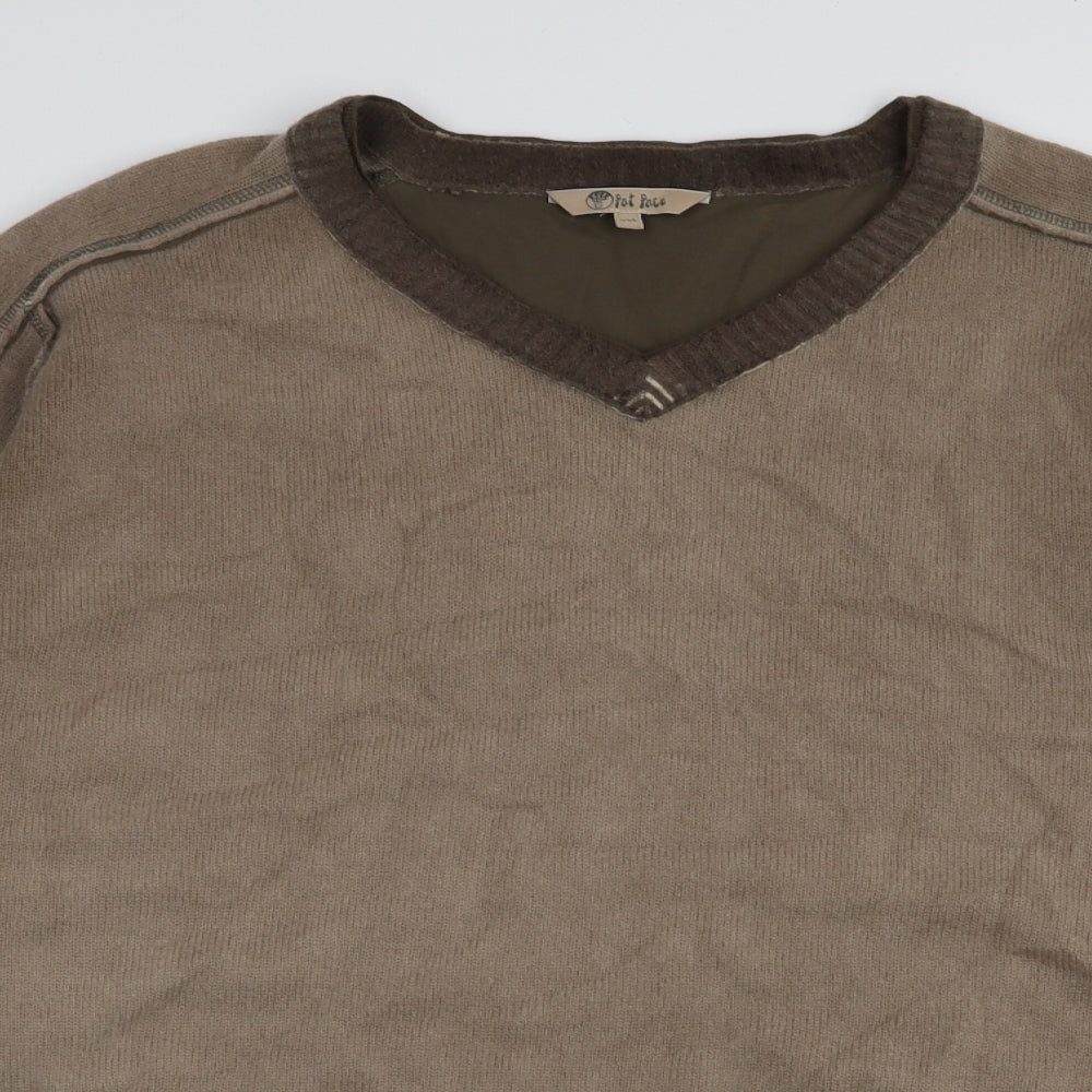 Fat Face Mens Brown V-Neck  Wool Pullover Jumper Size 2XL