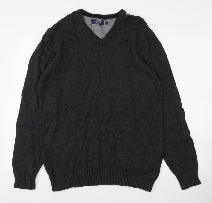 Maine Mens Grey Round Neck Cotton Pullover Jumper Size M