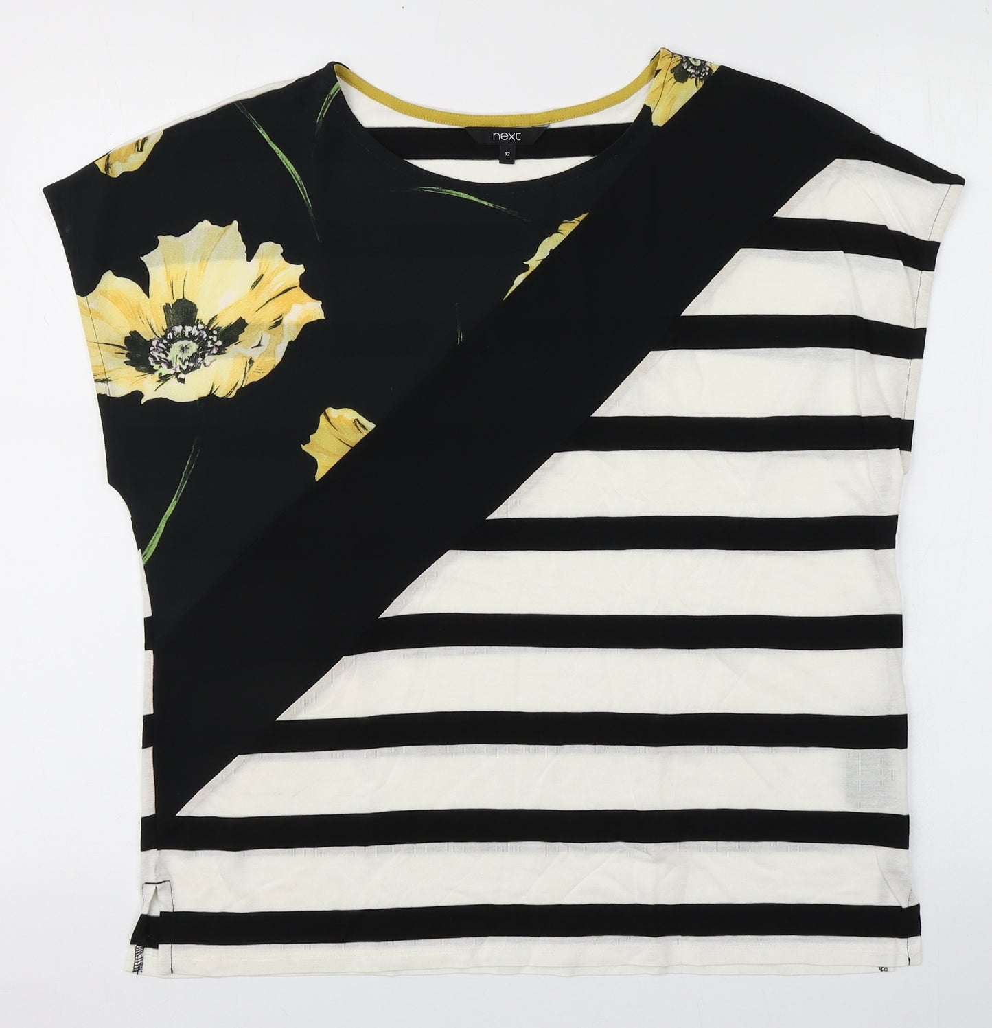 NEXT Womens Black Striped Viscose Basic T-Shirt Size 12 Round Neck