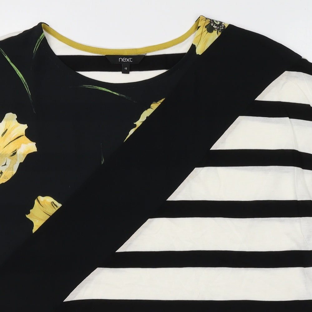 NEXT Womens Black Striped Viscose Basic T-Shirt Size 12 Round Neck